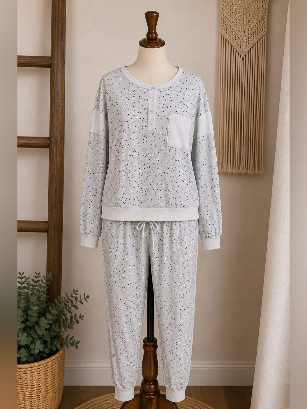 Splendid Gray Speckled Sleepwear Pajama Set Large Lounge Set Soft Cozy